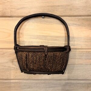 Rustic Woven Sea Grass Wall Hanging Basket Dark Wood Handle Farmhouse Decor 8in